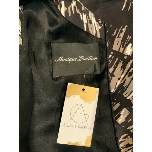 Monique Lhuillier Black Gray White Print V-Neck Fitted Sheath Dress, Size 0 - Picture 8 of 8